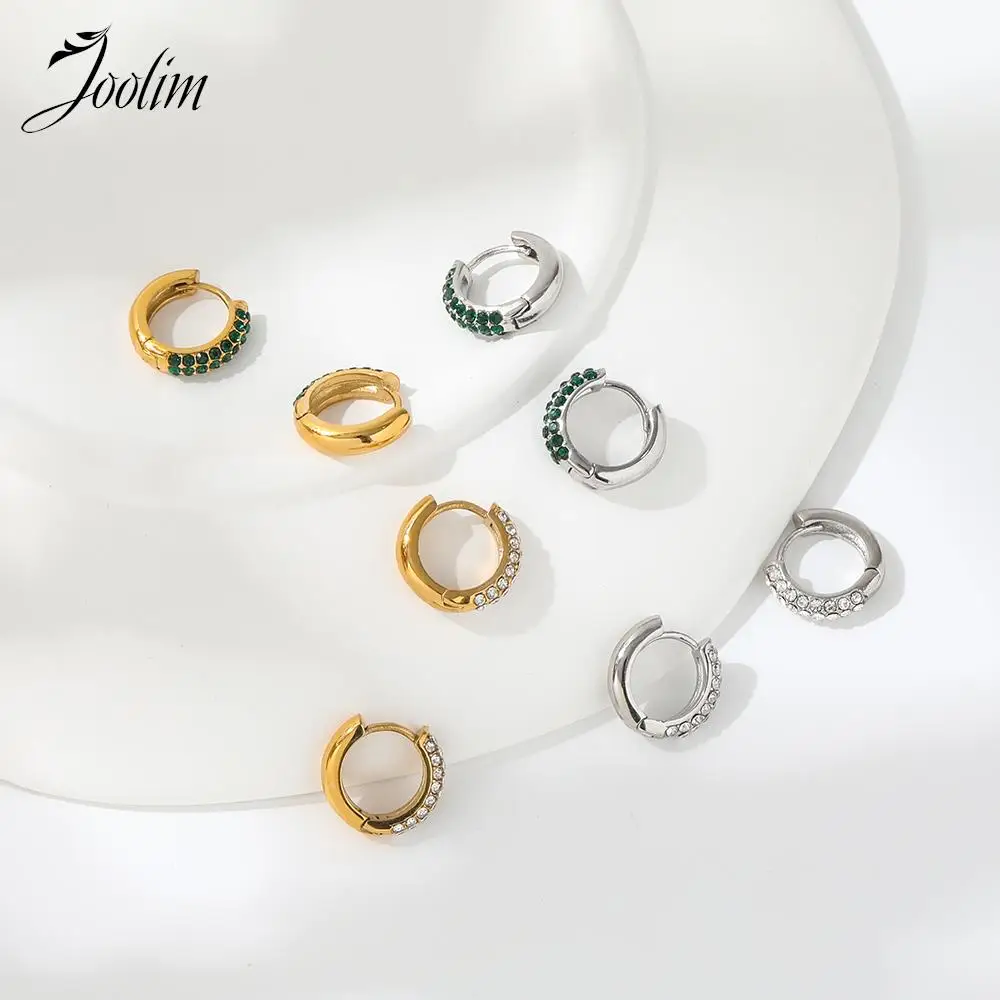 JOOLIM Jewelry High End PVD Wholesale Tarnish Free Delicate Luxury Clear&Green Zirconia Huggie Stainless Steel Earring For Women