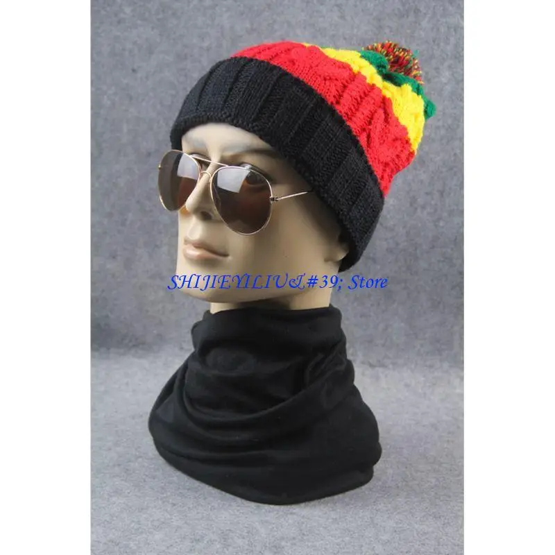 E21F Unisex Winter Braided Knit Beanie Cap Rainbow Stripes Cable Crochet Warm Stretchy Hip Hop Jamaican Skullies Hat