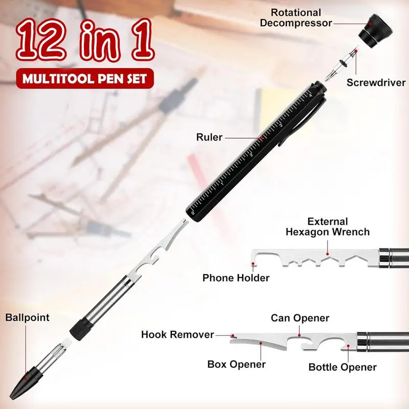 Multifunction Ballpoint Pen with Mutil Tools Measure Ruler Emergency Flashlight Screwdriver Bottle Opener