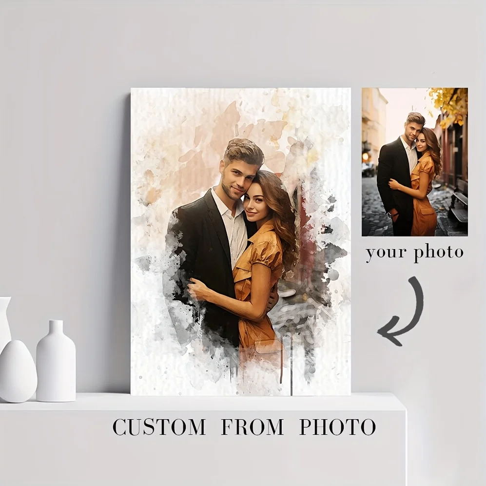 Custom Unframed Canvas Wall Art Upload Couple Photo Watercolor Splash Effect Portrait Print Personalized Love Memory Painting We