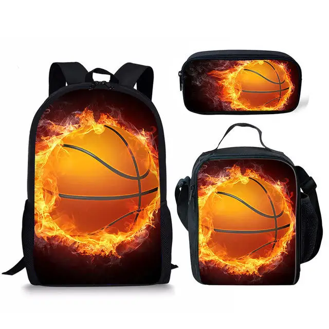 Conjunto de mochila escolar con estampado de fuego de baloncesto para niños, niñas, adolescentes, bolsa de libros para estudiantes, bolsa de almuerzo, bolsa de lápices, 3 piezas