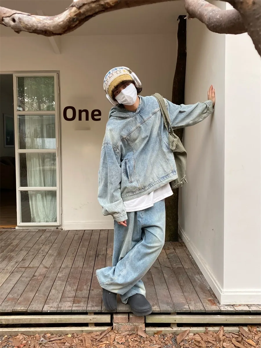

Retro Washed Hooded Oversized Denim Sweatshirt Unisex Autumn Streetwear Jacket Youth Casual Loose Fit Couple's Outerwear