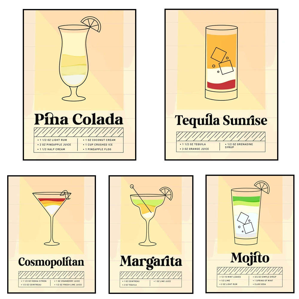 Vintage Cocktail Poster, Cosmopolitan, Dry Martini, Mojito Cocktail, Aperol Spritz Print, Bar Cart Wall Art Decor, Alcohol Print