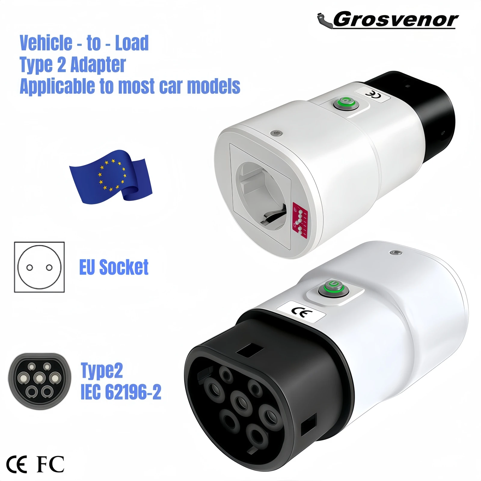 Type2 V2L Discharger 10A 16A 32A EU Socket Power off Button for BYD MG GEELY LEAPMOTOR ZEEKR XPENG EV Discharge Adaptor IEC62196