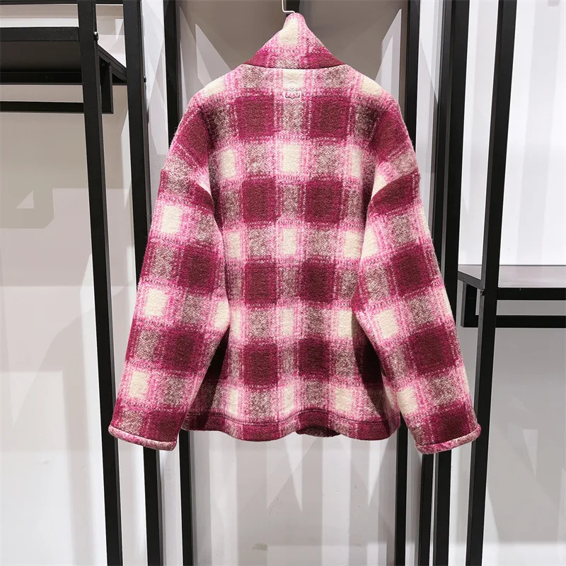 

Повседневное шерстяное пальто с высоким воротником на молнии, большой клетчатый узор, осенне-зимняя модная верхняя одежда, женское шерстяное пальто премиум-класса