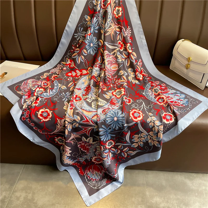 2024 New Silk Scarf Twill Silk Scarf Korean Style Floral Large Shawl 90cm Square Scarf Versatile Scarf Sunscreen Headscarf