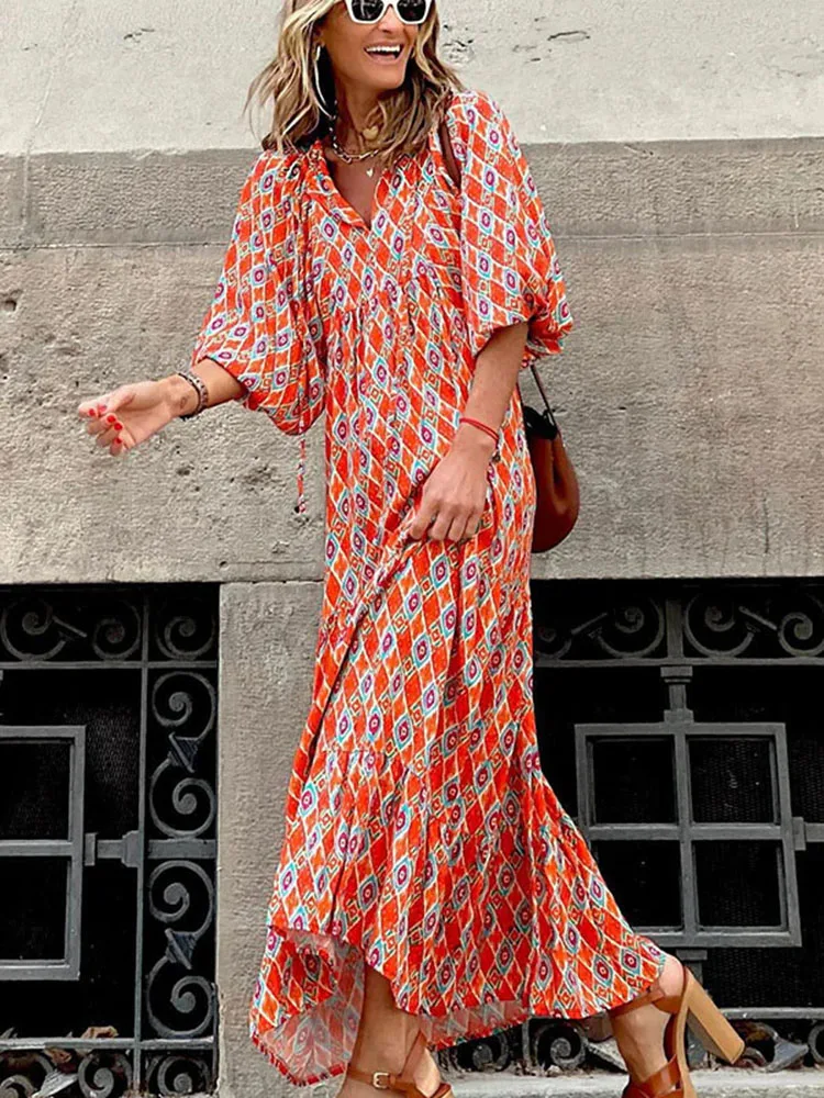 Fashion Women Print Dress Summer Loose Boho Dress Casual Elegant Short Sleeve Beach Party Dresses For Woman Robe Femme 2023 New