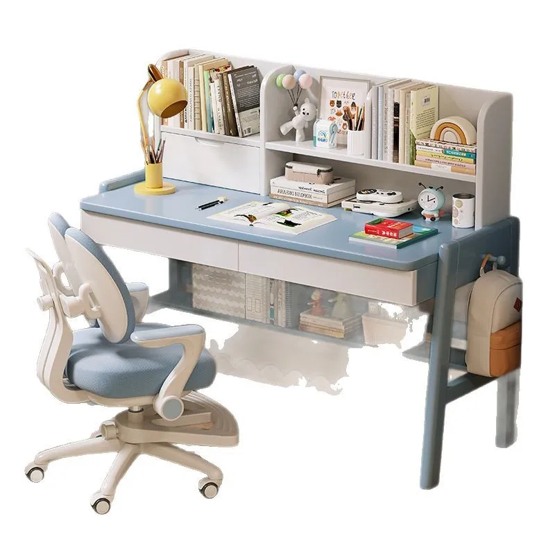 #Children's Study Desk with Bookshelf and Chair Solid Wood Desk for Students Home Bedroom Use No Foldable