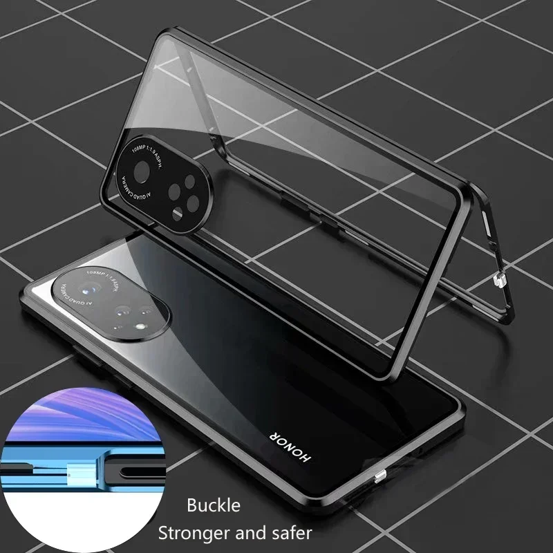 

Magnetic Metal Frame Front Back Glass Snap Buckle Case for Honor 50 70 Pro Plus 90 200 400 Protect Cover Cases
