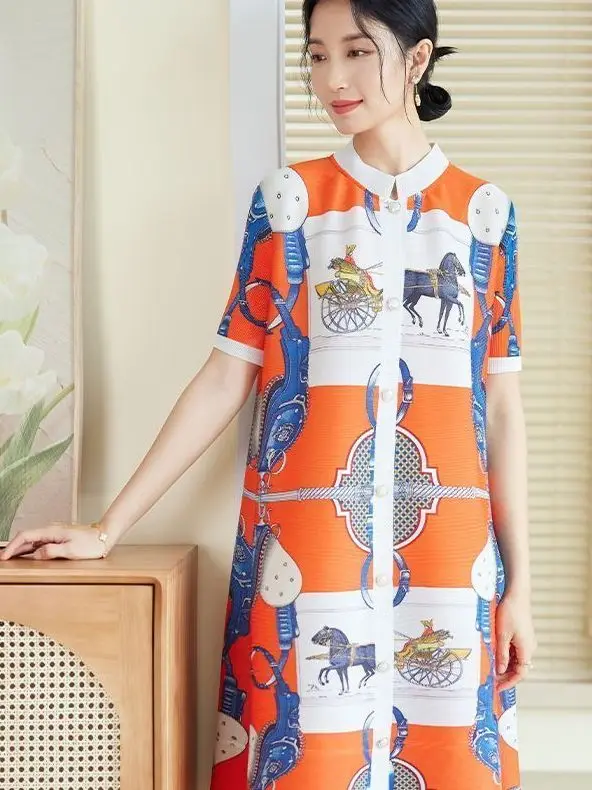 

Faionable Pleated ort Sve Open Cardigan Dr Women's Summer Loose Mommy Sle Polyester High Elastici A-Line Skirt