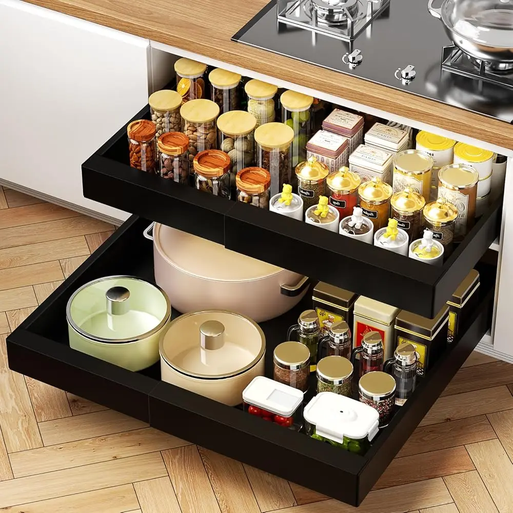 

Expandable Pull Out Cabinet Organizer Adhesive, 21""Deep 2-Pa Slide Out Drawer For Kitchen Cabinets, Upgraded 3-Rail Cabinet