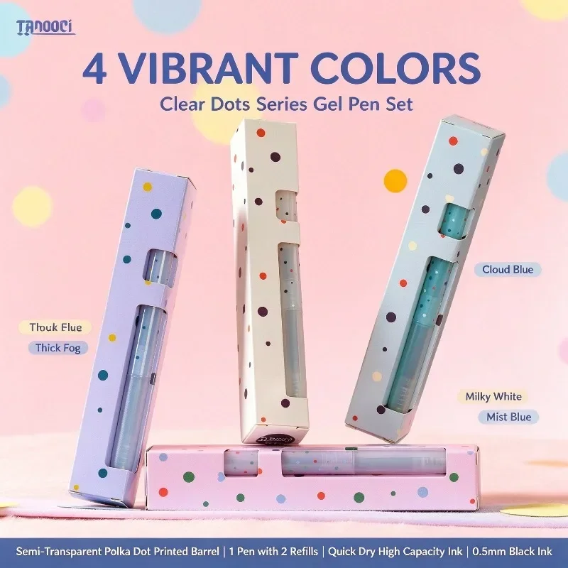 TANOOCI Polka Dot Print Retractable Gel Pen Set,Semi-Transparent Body,2Refills,Quick-Drying&Smooth Writing For Students&Office