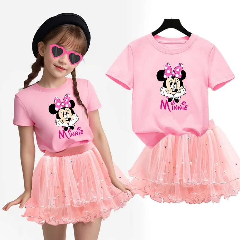 ミッキーミニーマウス 2 ピース/セットガールドレス子供パーティープリンセスドレス Tシャツ + チュチュスカート夏服スーツイブニング誕生日服