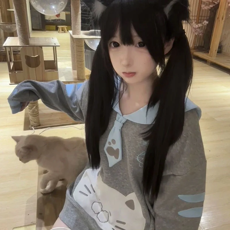 Japanese Sweet Cute Cute House Cat Element Embroidered Navy Collar Sweater Gray Loose Top Jacket For Women
