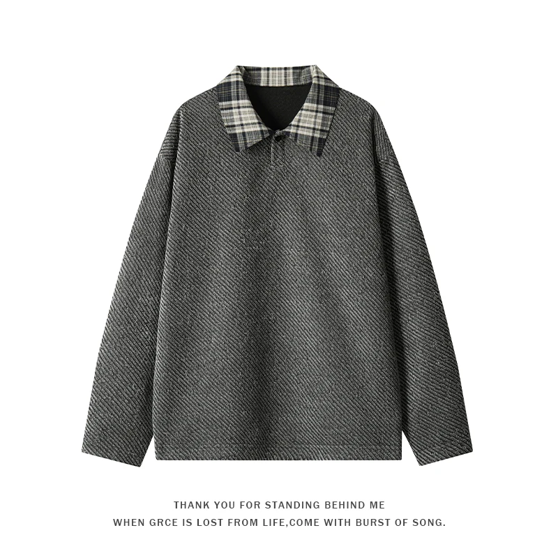 

Retro Black White Checkered Splicing Striped Sweatshirts Loose Couples Clothing 2025 Autumn New Knit Sweatshirt Polo Shirt