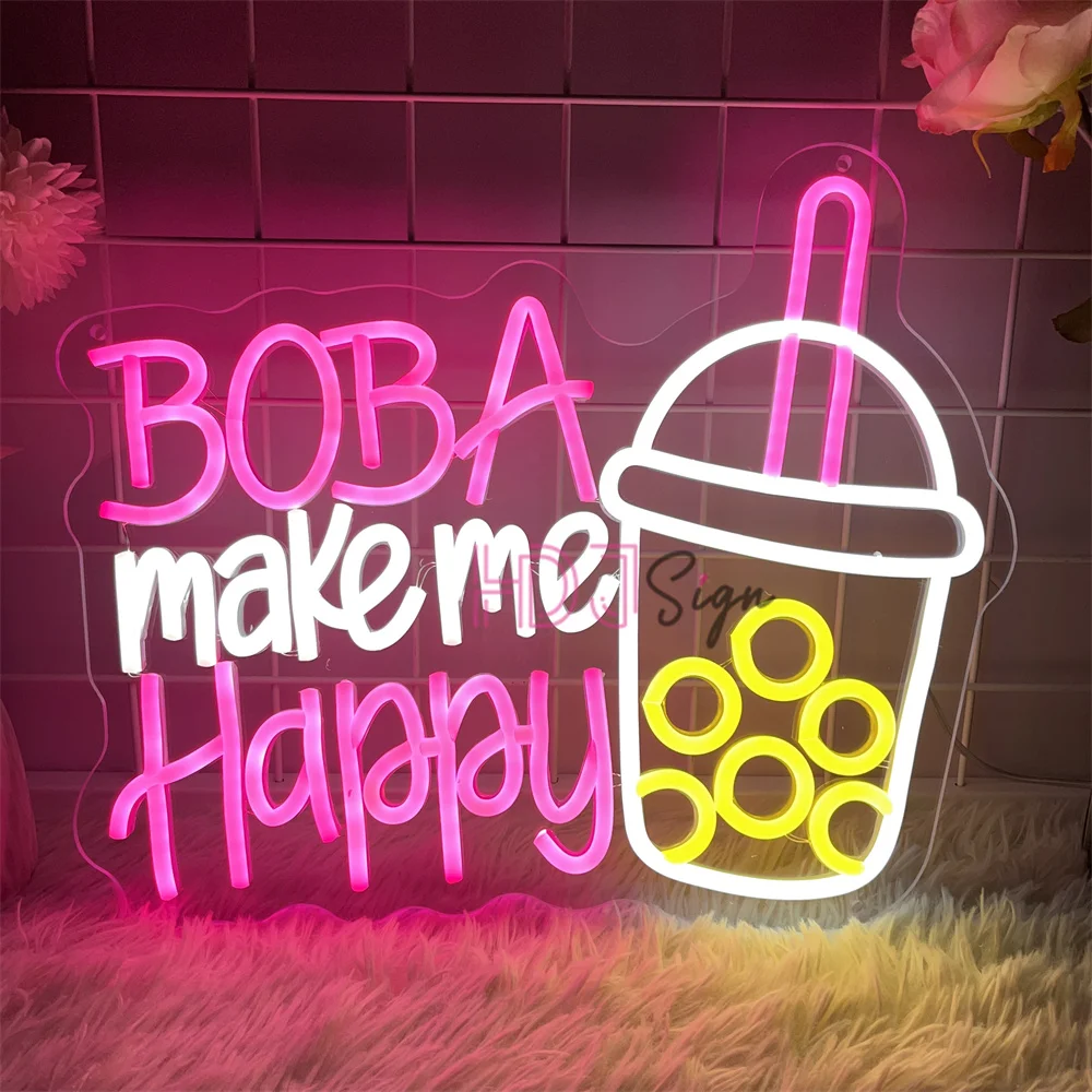 Boba make me happy Neon Led Signs Bubble Tea Coffee Neon Lights USB Cafe Bar Pub Decoration Home Party Room Wall Decor Neon Sign