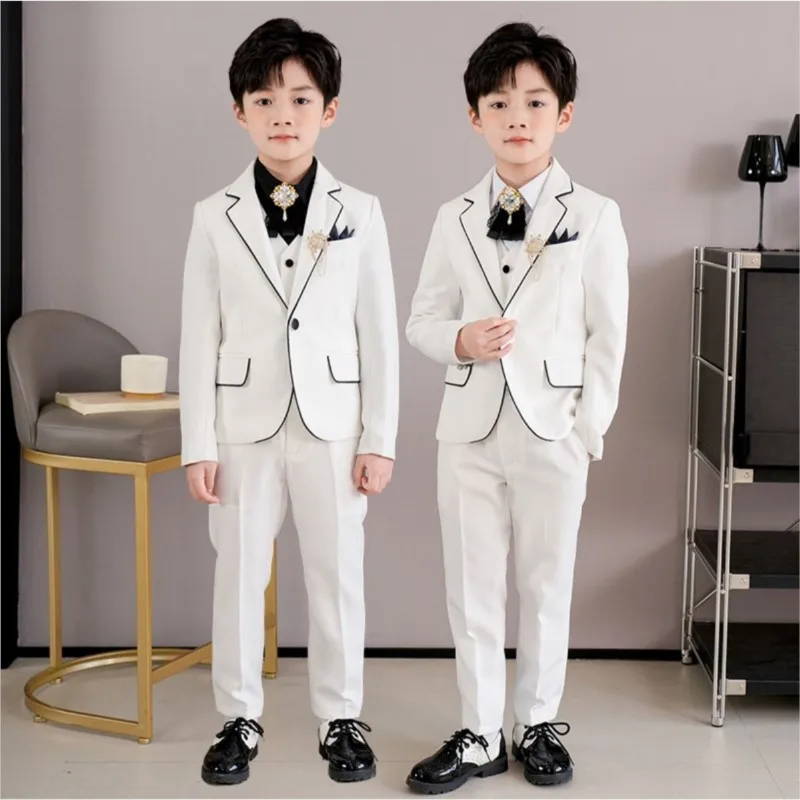 

2026 Creative Children's White Long Sleeve Blazer Costume Set for Boys' Performance Costume Set Coat Pants Vest Shirt Set LI786