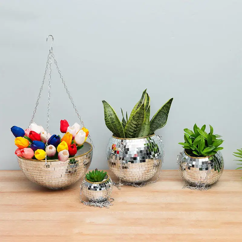 Disco-Spiegelkugel Hängender Blumentopf Sukkulenten-Pflanzgefäß für Innen- und Gartenbereich Wanddekoration Vase mit Holzring-Kette – Detail 24