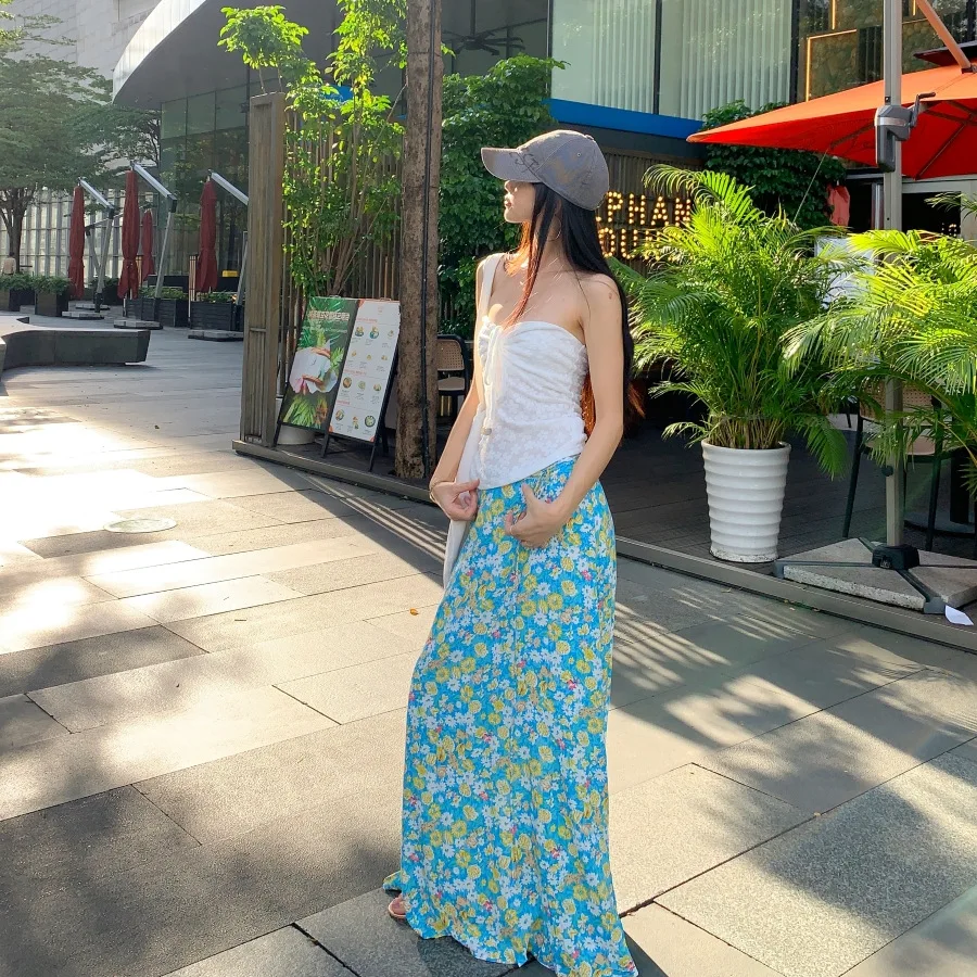 Beach Vacation Style Two Piece Set Women Sexy Solid Color Tube Top Vest Blue Flower Print Skirt 2 Piece Sets Fresh And Sweet