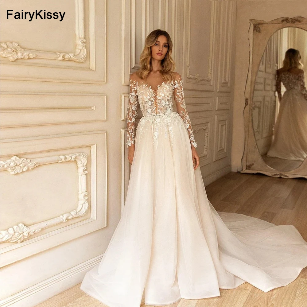 FairyKissy Graceful Appliques 3D Flower Wedding Dress Shinny Sequins Beads A Line Long Bridal Gown Vintage Robe De Mariée