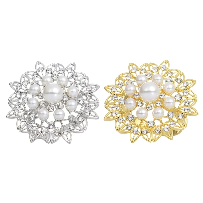 6-piece Set Napkin Rings Christmas Pearl Flower Golden Silver Napkin Buckle Rhinestones Napkin Holder Suitable for Party