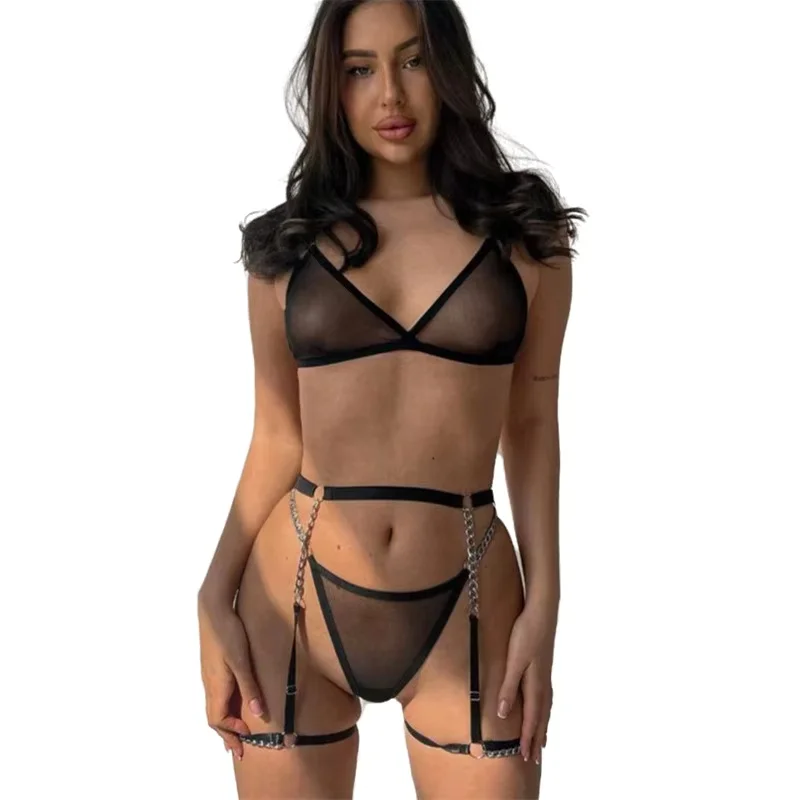 

New Sexy Ultra-thin Mesh Bralette And Thongs See-through Metal Chain Decoration 4 Pcs Sexy Lingerie Set Female Underwear