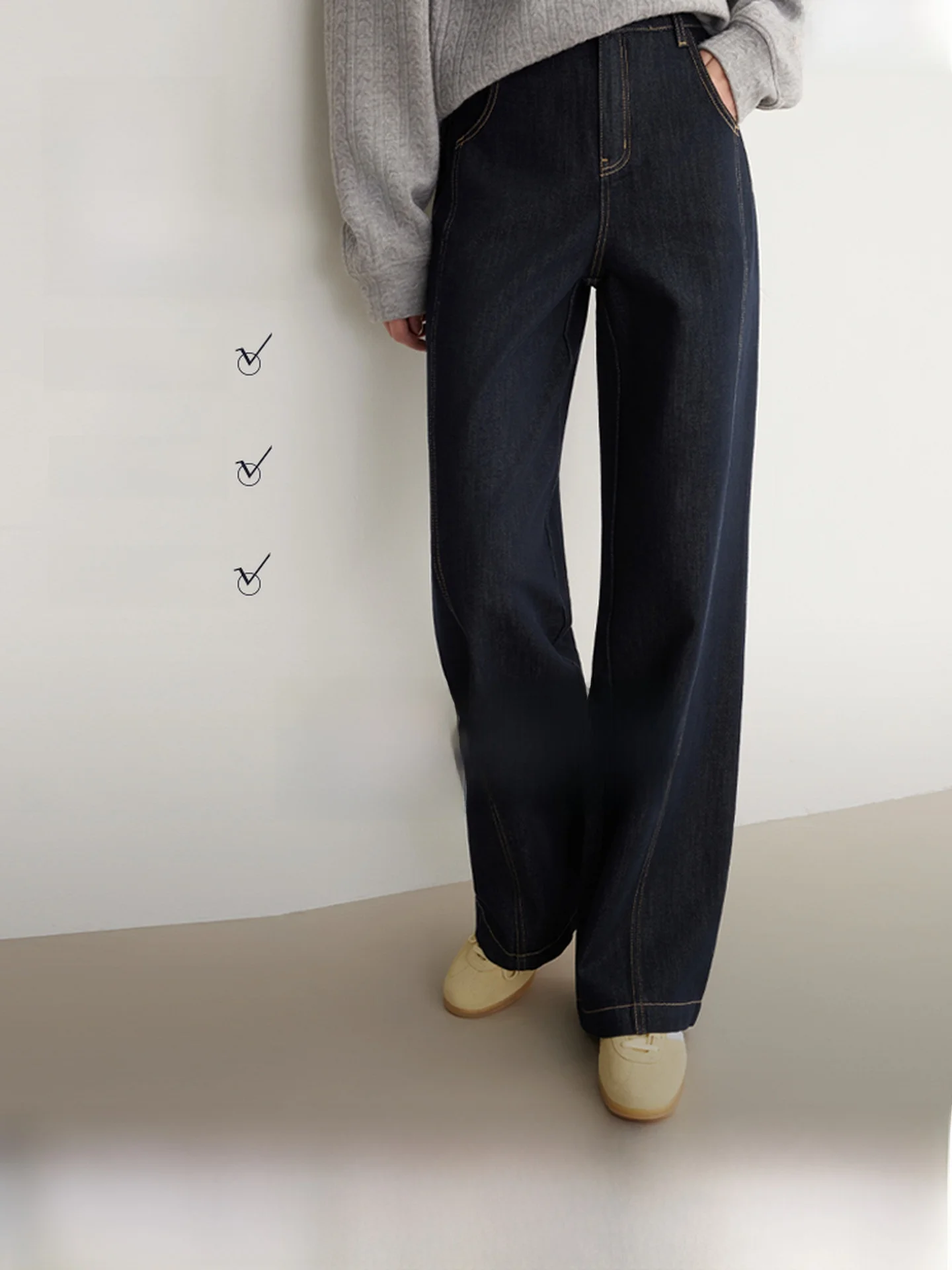 

ELLE Premium Ruche Straight Leg Jeans Women's Spring New Style Slimming Drapey Floor-Length Pants Commute Casual Pure Color