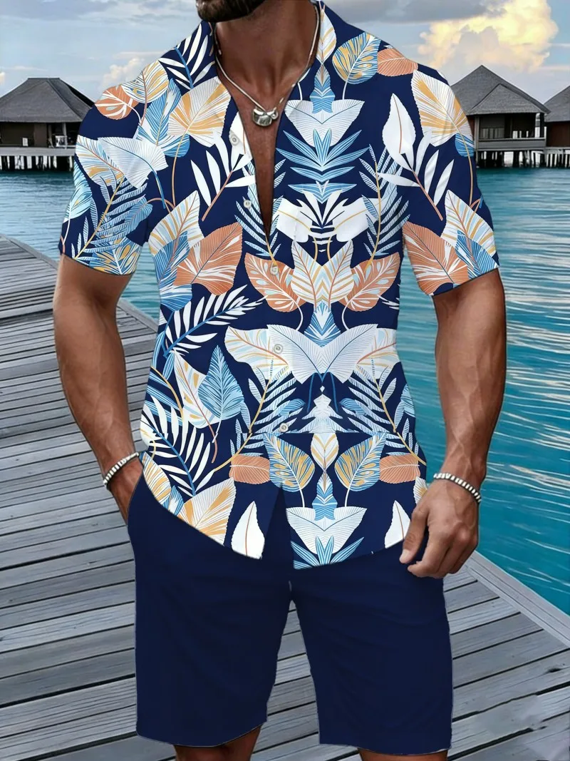 

Summer Men's Casual Hawaiian Shirt Navy Blue Tropical Leaf Print Short Sleeve Button Up Beach Vacation Top