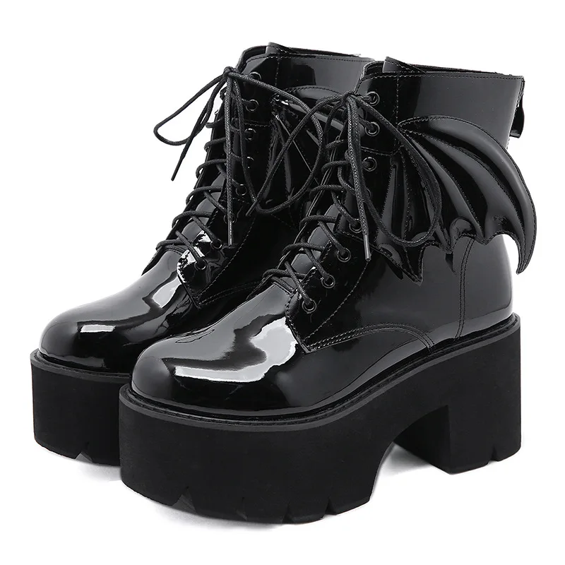 

New Fashion Angel Wing Ankle Boots High Heels Patent Leather Womens Platform Boots Punk Gothic Sexy Model Shoes Prefect