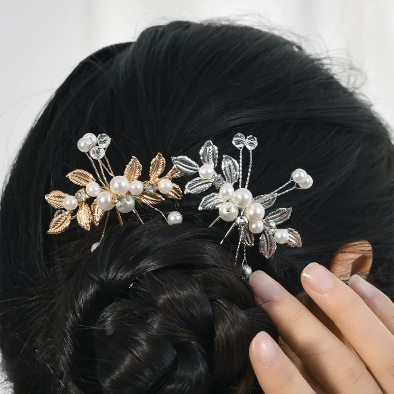 Bridal Crystal Hairpins Hair Clips for Women Metal U-shaped Leaf Pearl Hair Stick Wedding Headdress Headwear Jewelry Accessories