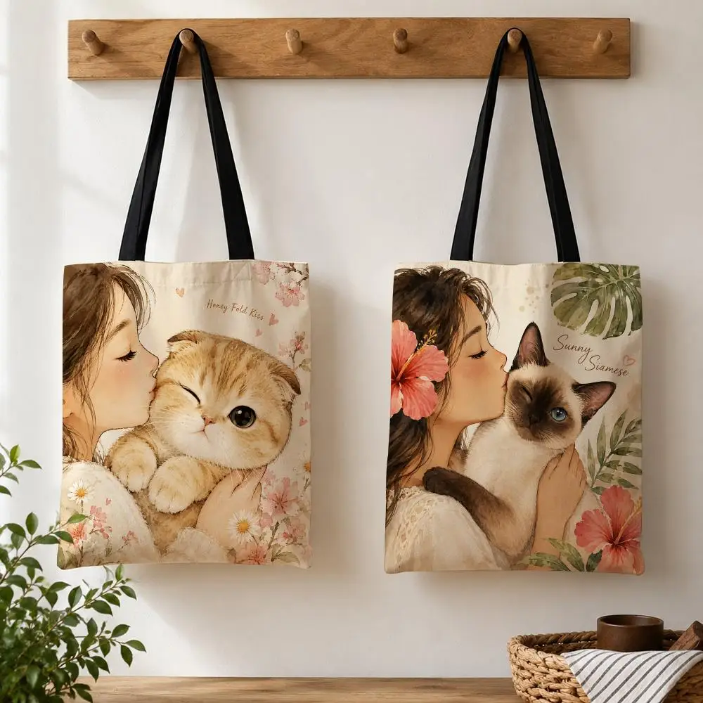 Cat Kisses Storage Bags Large Reusable Canvas Tote Bag, Double-Sided  Print, Stylish Multi-Scene Shopping Handbag Gifting