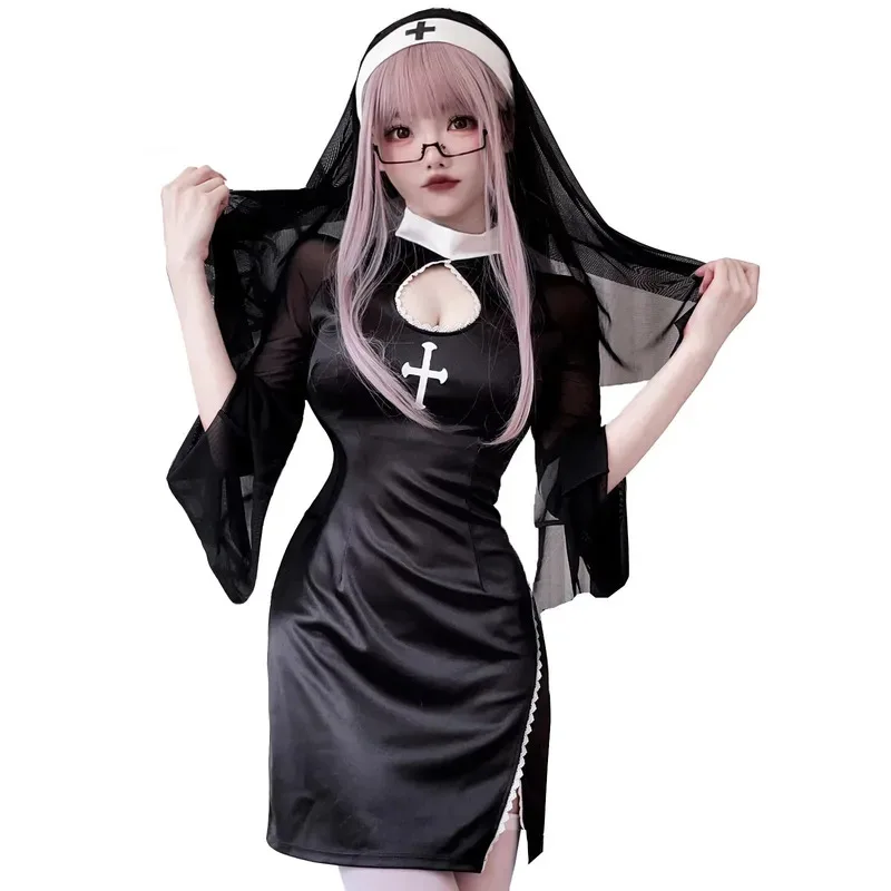 

COSda@Women Halloween Sexy Nun Cosplay Costume Vampire Cross Dark Gothic Style Black Nun Dress With Headwear Carnival Roleplay C