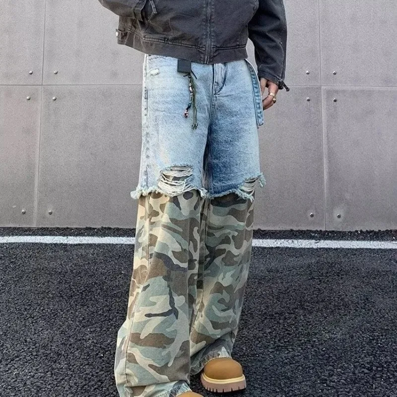 Men High Street Patchwork Camouflage Jeans Straight Trousers Fake Two Pieces  Aged Patchwork Hip Hop Trendy Personalized