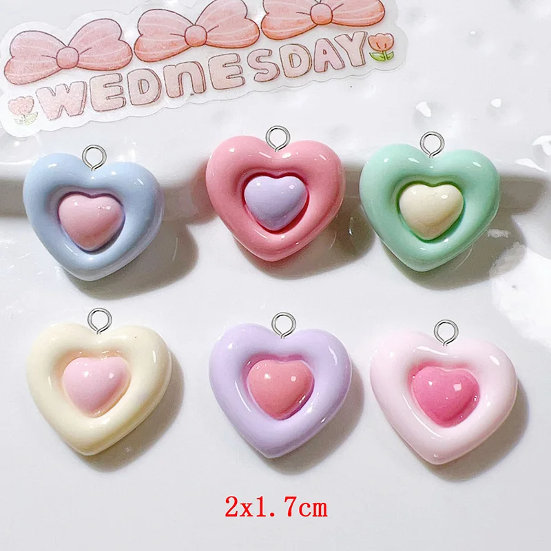 12pcs/lots Bright Double Love Heart Charms Resin Flatback Sweet Earring Keychain Pendant DIY Korean Jewelry Make