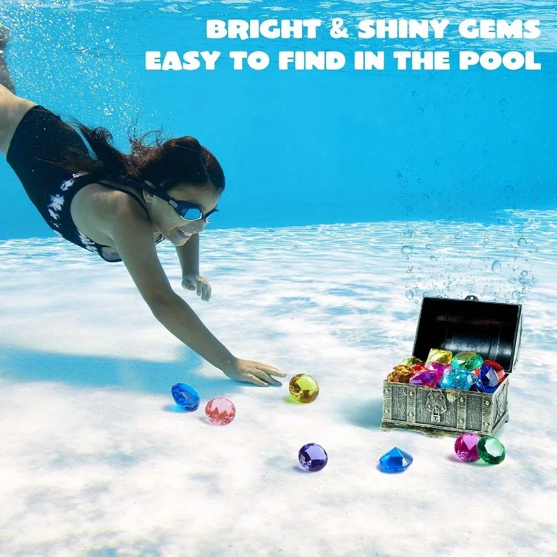 Joyfy Diving Gems Pool Toys 16 Big Colorful Diamond with Pirate Treasure Chest for Kids Underwater Gemstone Swimming Train Gift