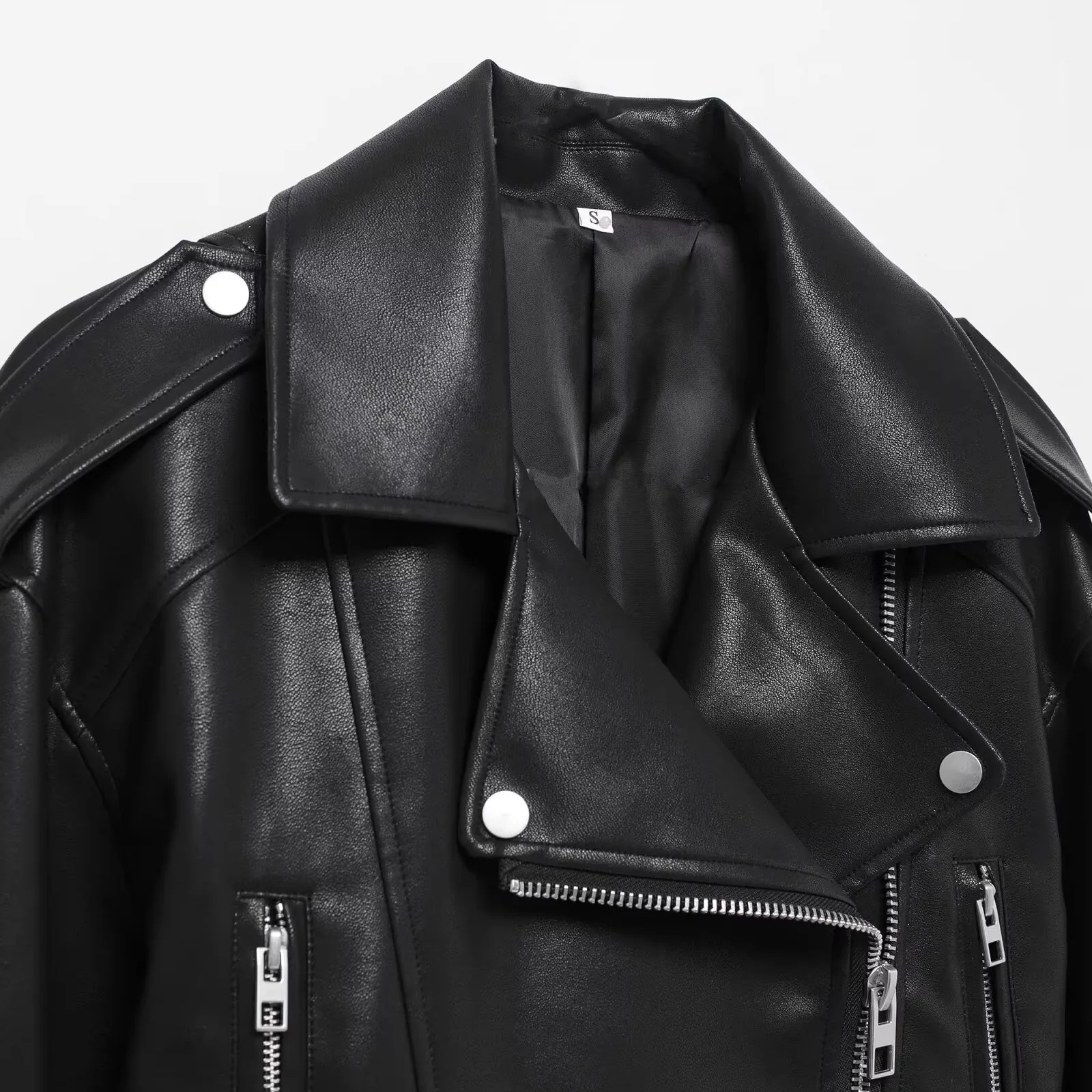 JNLEAOG Autunno delle nuove donne in pelle PU con cintura ort Jaet cappotto da motociclista in finta pelle Street Sle Long Sve fibra di poliestere