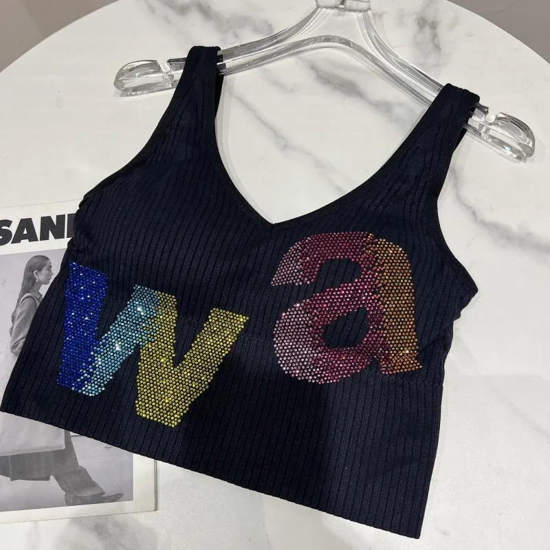 New 2023 Spring Gradient Rhinestone Color Letter Thread Chest Pad Short Camisole Women's Beach Seaside Clubnight Vest Crop Tops