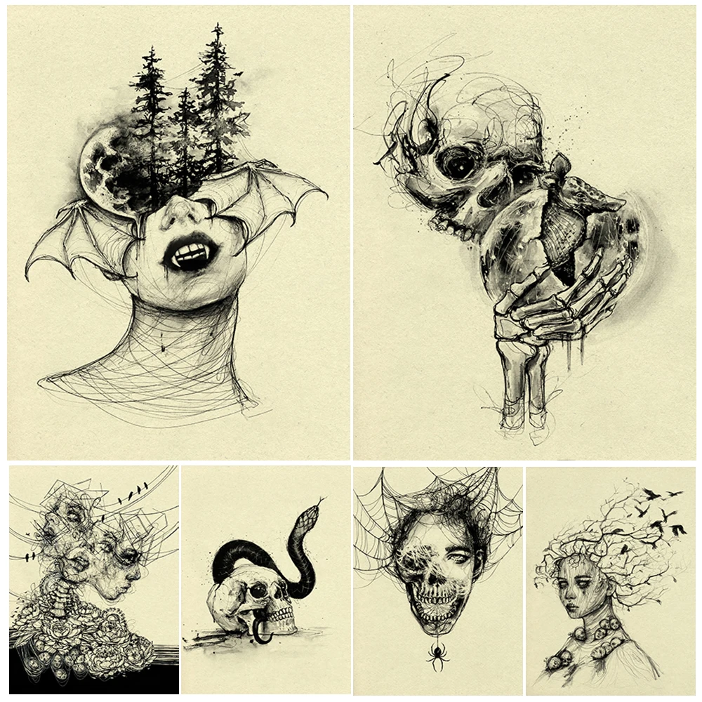 Surreal Horror Gothic Wall Art Canvas Painting,Death And Rebirth Dark Witchcraft Pencil Drawings Art Poster Print Home Decor