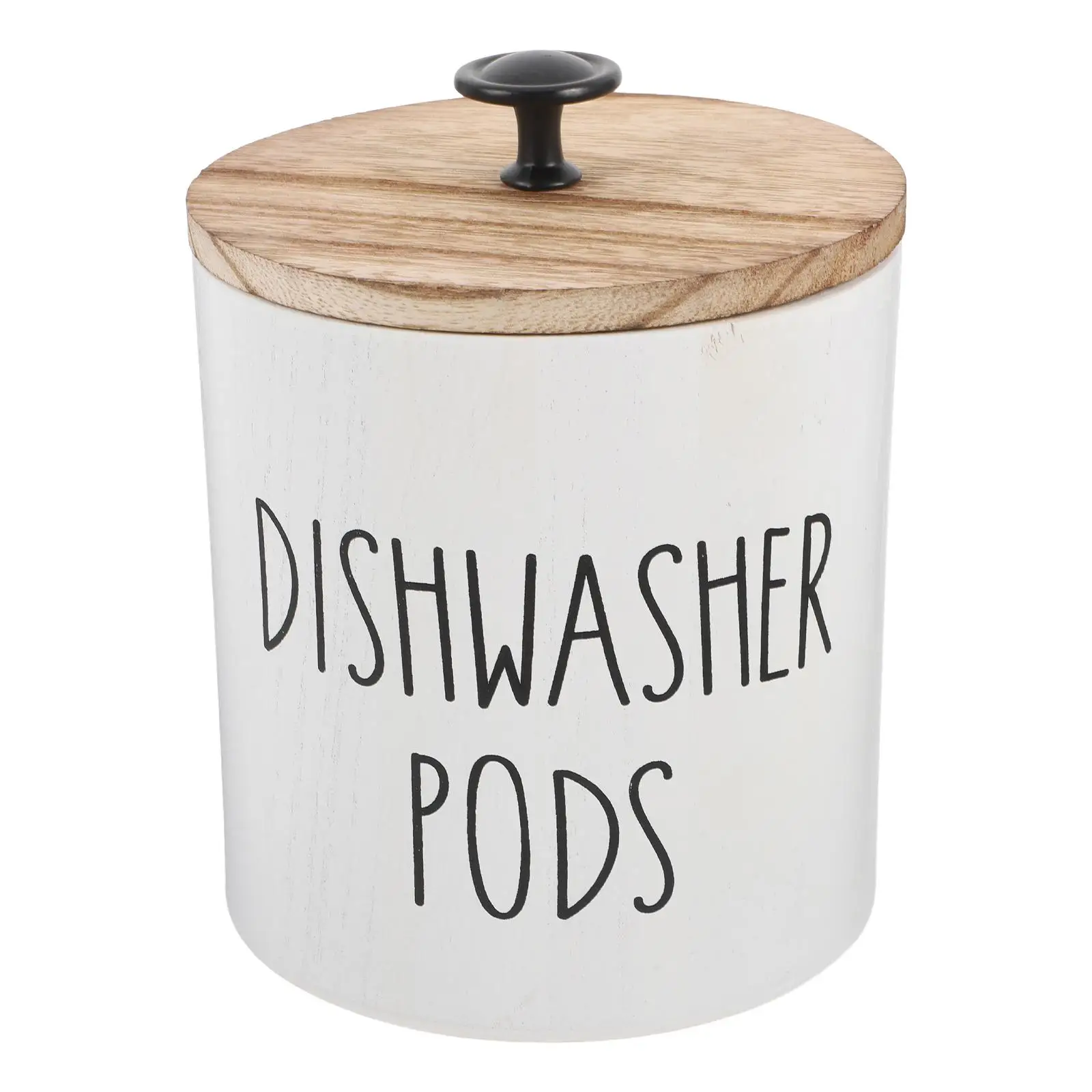Dishwasher Holder Laundry Tablet Storage Tin Wooden Box Kitchen Organizer Material Secure Lid Round Shape