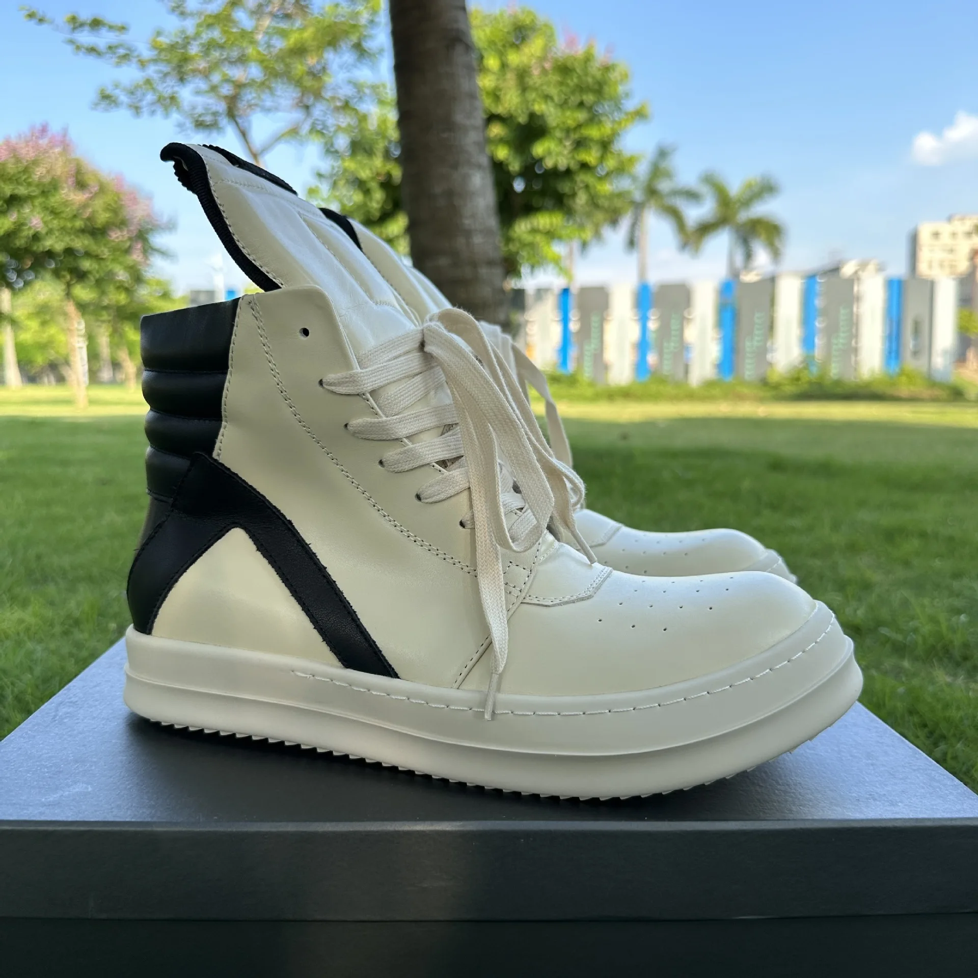 RO Inverted Triangle High Top Shoes Men's Leather New Mainline Thick Sole  High Street Thick Sole Couple Board Shoes