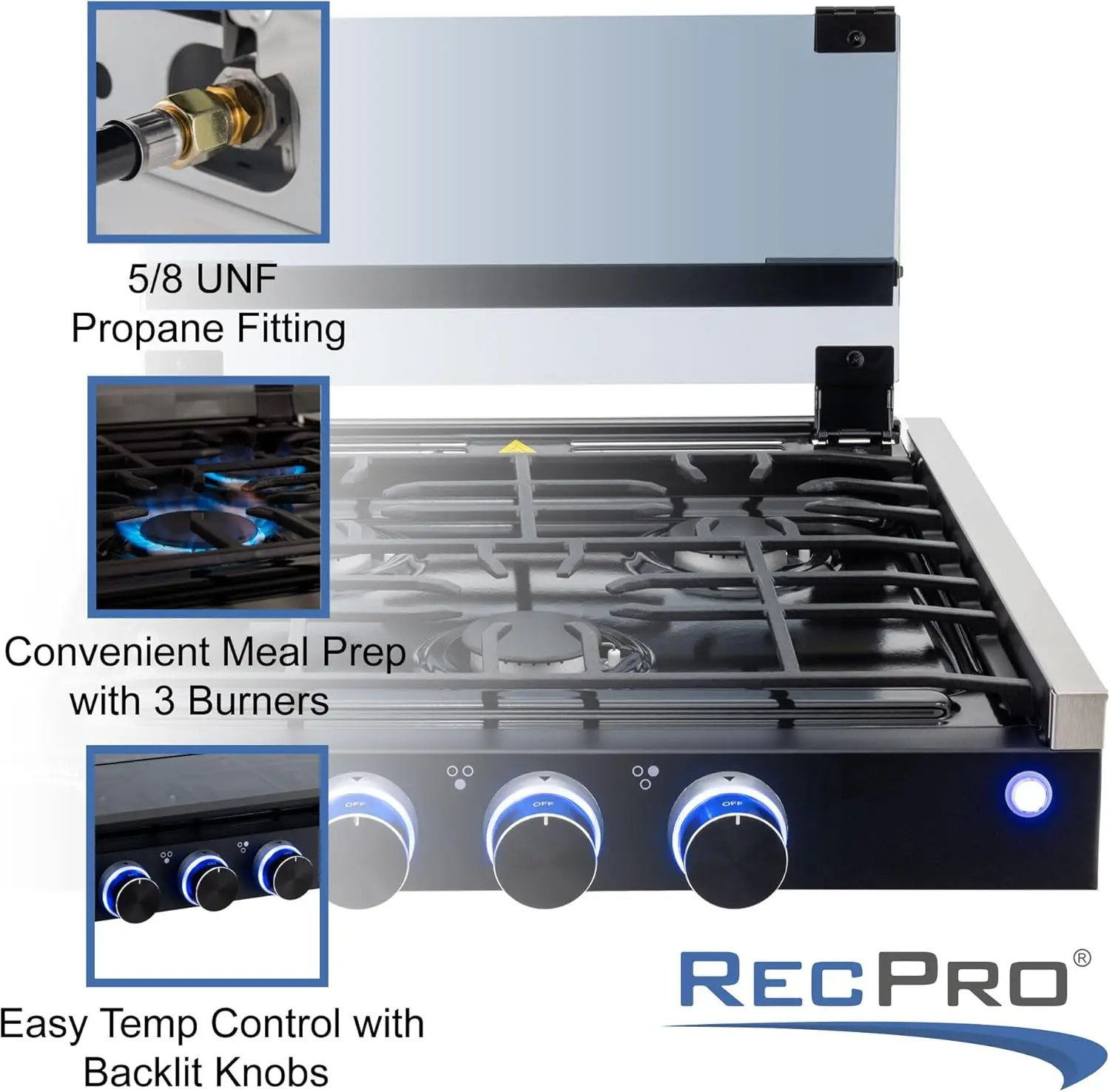 RV Built In Gas Cooktop | 2 Burner or 3 Burner | RV Cooktop Stove | 6,500 and 8,000 BTU Burners |Cover Included (Black,3-Burner)