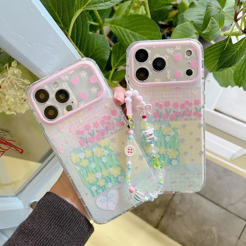 

Korean Cute Tulip Flower Phone Case For iPhone 17 Pro 14 15 16 Pro Max Cover with Chain Fashion Protective Cases For Apple 16 Pr