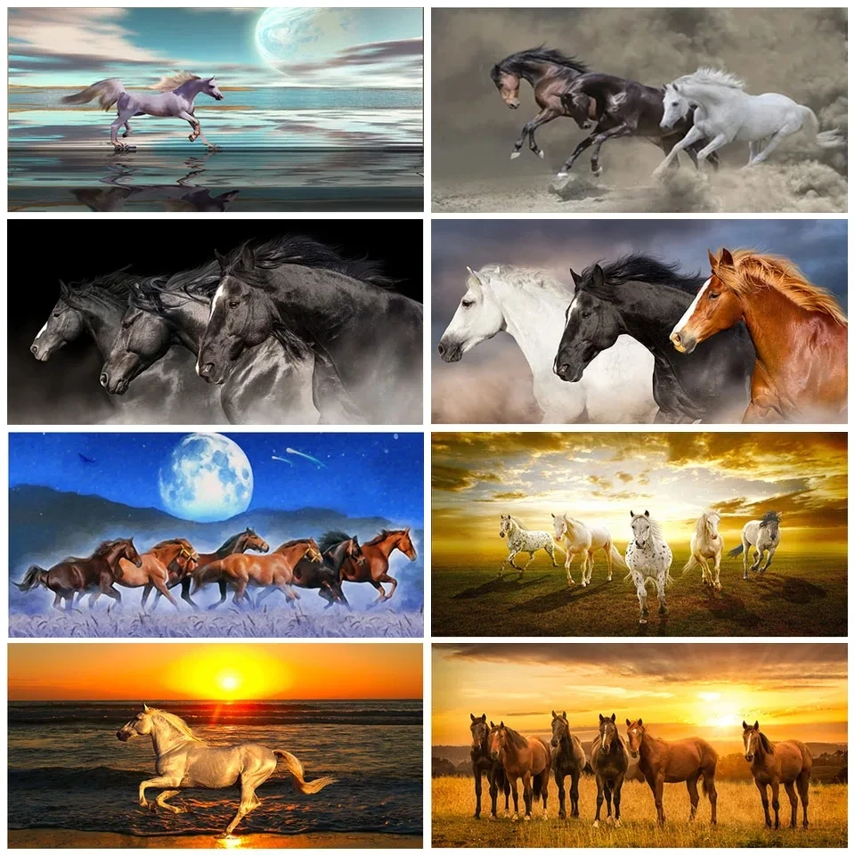 Nordic style 7 running white horses Modern moon landscape 5D DIY Diamond painted cross stitch Mosaic home decoration WE246