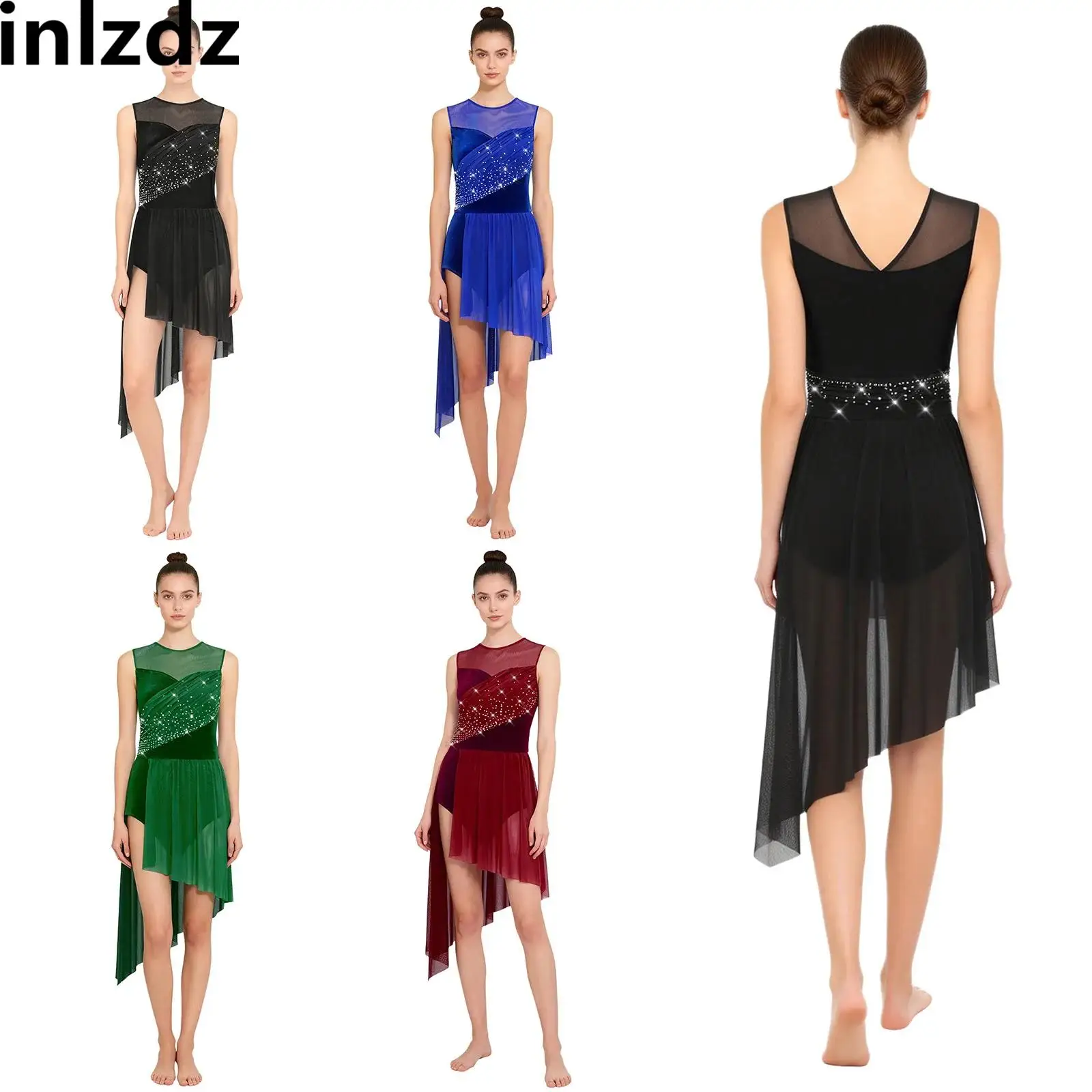 

Womens Lyrical Dance Dress V Neck Sleeveless Irregular Hem Buttoned Crotch Rhinestone Velvet And Mesh Patchwork Dress