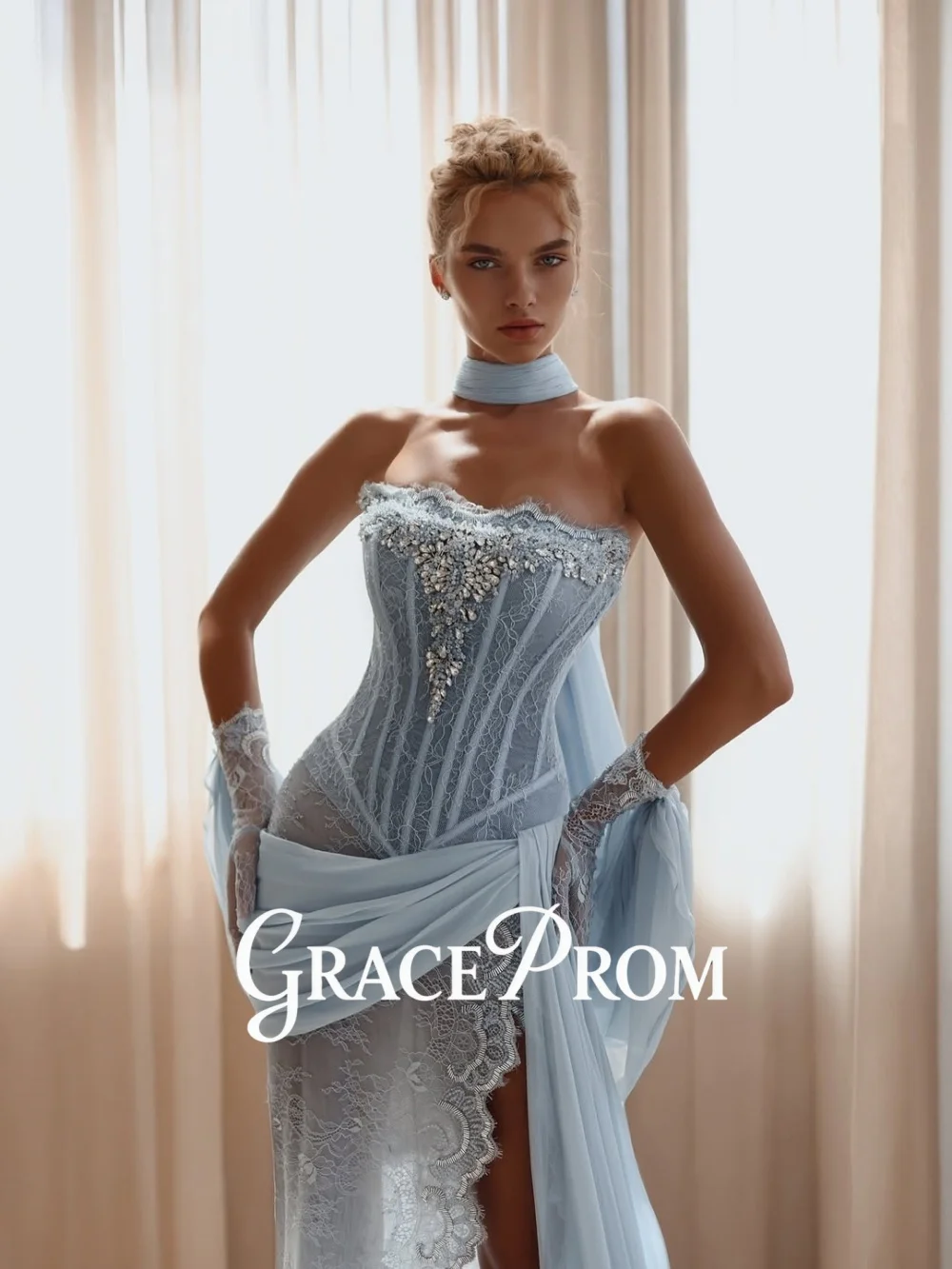 

GraceProm Dazzling Light Blue Strapless Evening Dress Formal Corset Lace Slit Chiffon Cape Floor-Length Carpet Gown Luxurious
