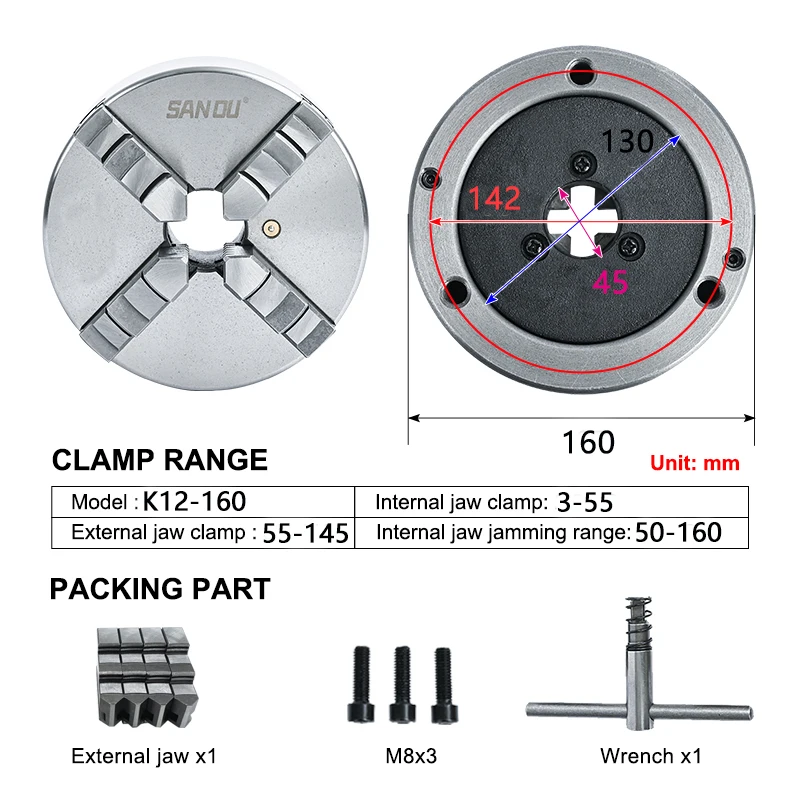 4 Jaw Self-Centering Chuck K12-160 SANOU Brand Metal Lathe Chuck at Discount