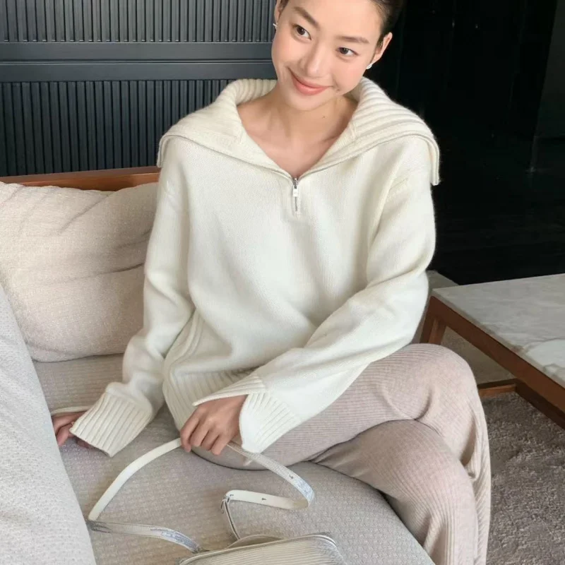 

Женский свитер с высоким воротником на молнии, осенне-зимний шерстяной свитер, новый ленивый стиль, элитный стиль, утолщенный, подходит для La