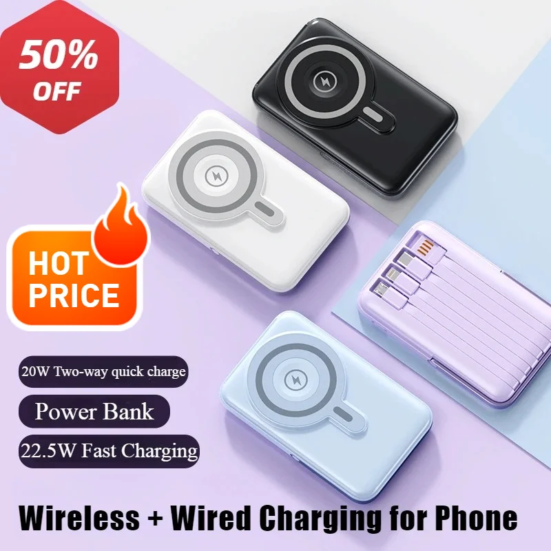 

New Magnetic Power Bank PD 22.5W Battery Charger Cases for Magsafe 50000mAh with 4 Cables Fast Charging for Watch iphone Samsung