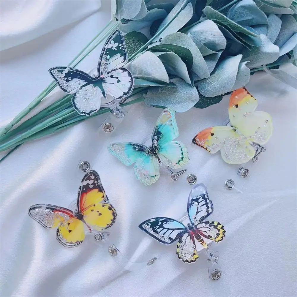 

Quicksand Bead Butterfly Badge Holder 360 Rotate ID Card Clip Easy Pull Buckle Name Tag Work Card Retractable Badge Reel