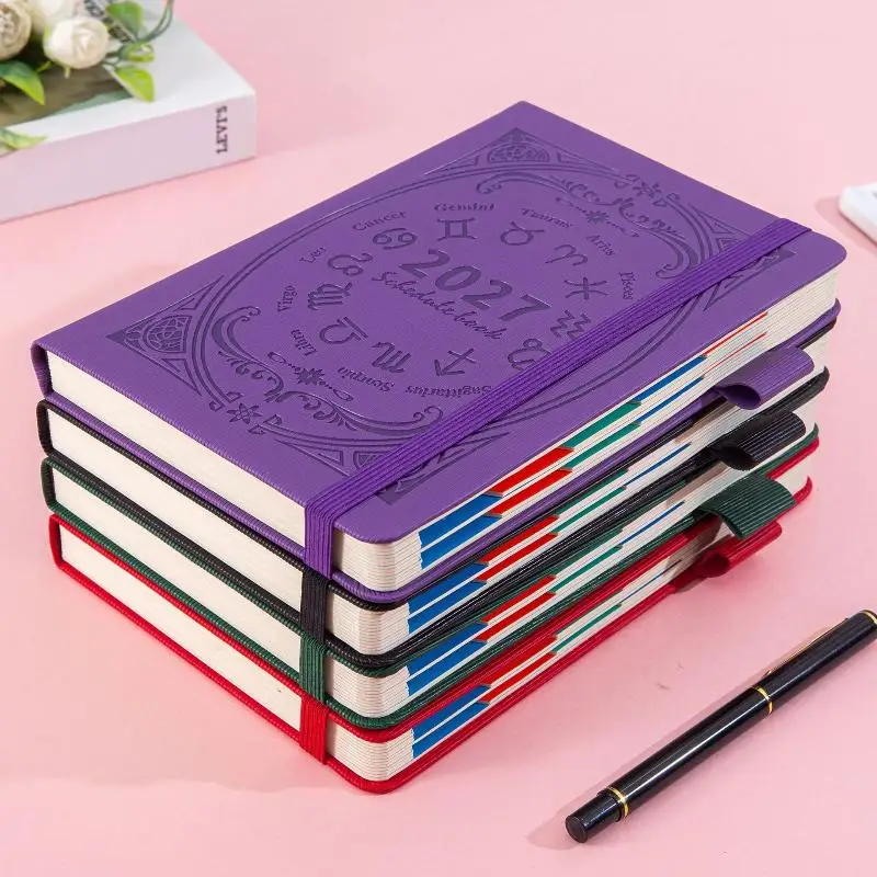2027 Zodiac Pattern Embossed Planner Notebook With Elastic Strap Pen Loop For Daily Schedule Office Study